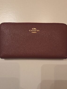 Coach Saffiano Zip Wallet in Burgundy with Gold Hardware